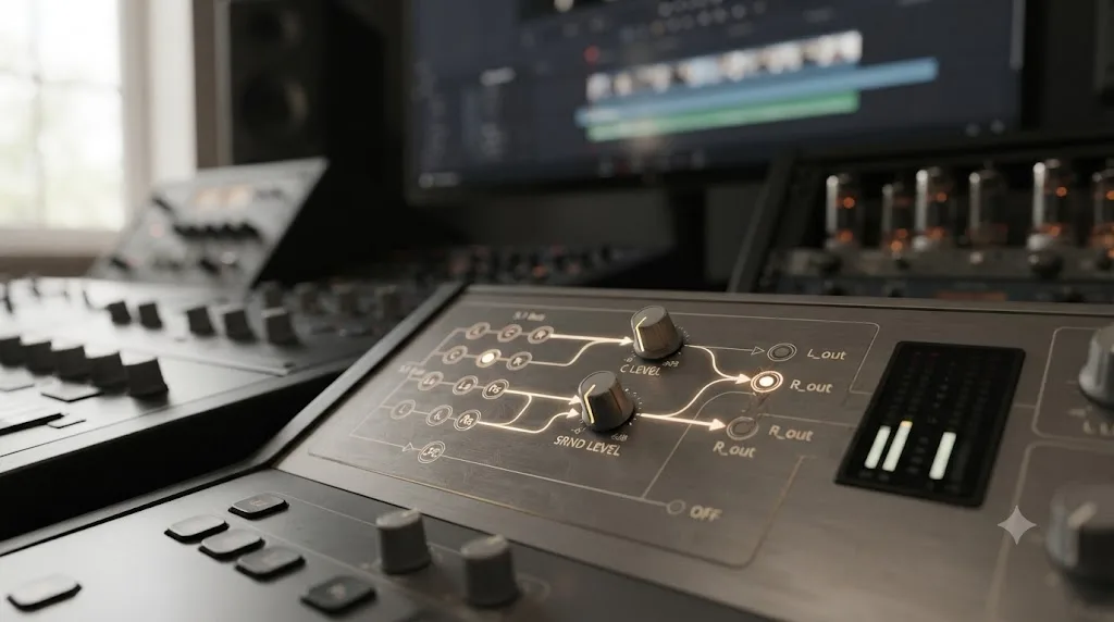 Illustration of a DaVinci Resolve Fairlight 5.1 to stereo downmix with attenuated center and surround channels