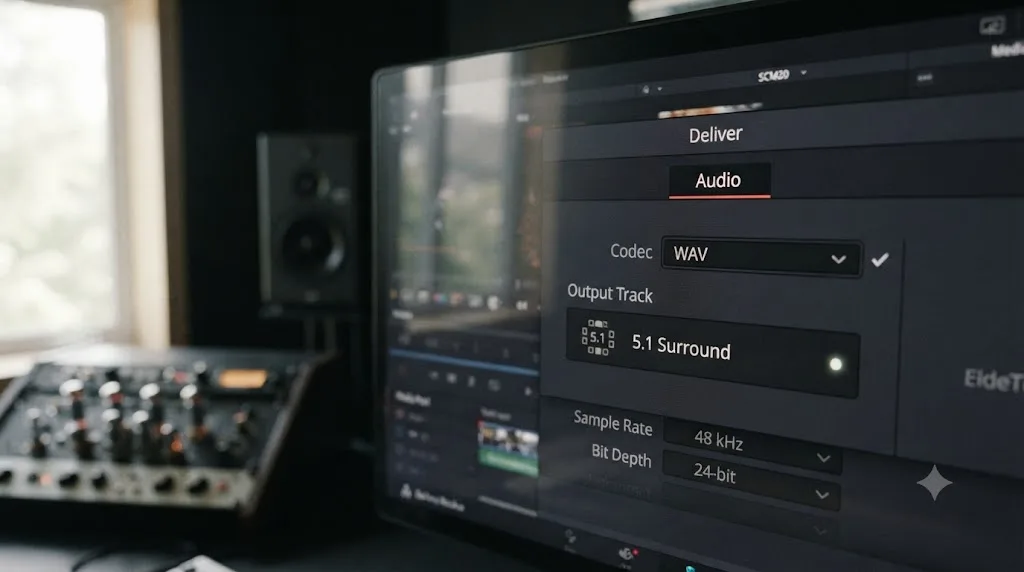Illustration of the DaVinci Resolve Deliver page Audio tab set to export a 5.1 surround WAV file