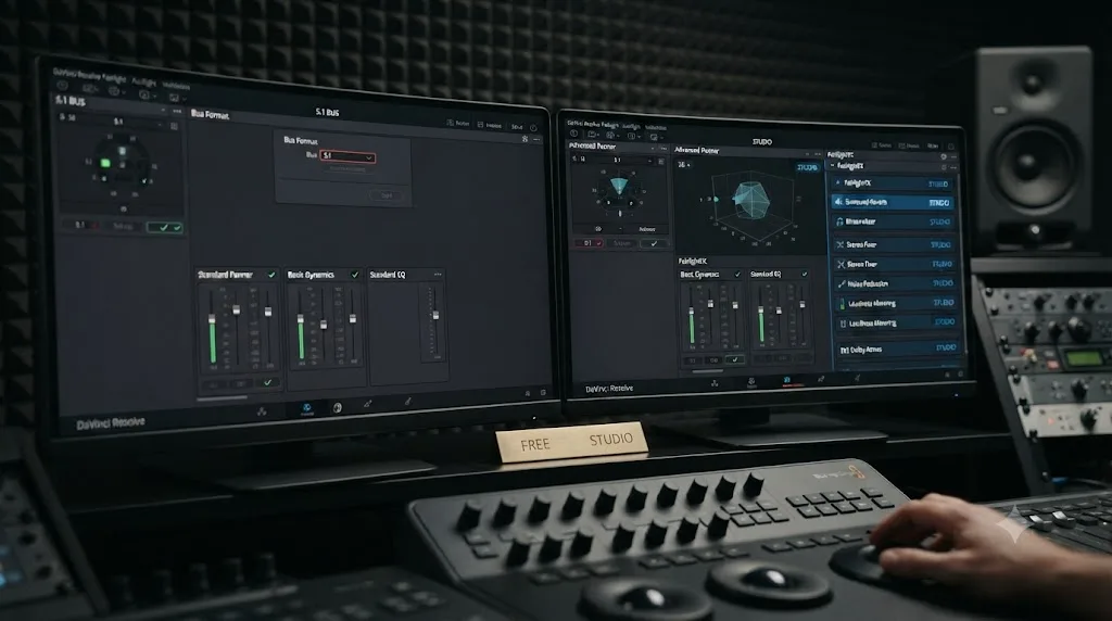 Illustration comparing free and Studio surround audio tools available in DaVinci Resolve Fairlight