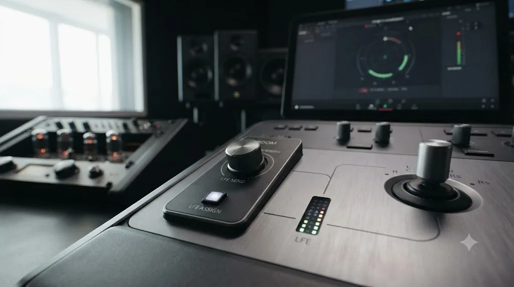 Illustration of the DaVinci Resolve Fairlight Boom control routing low-frequency content to a dedicated LFE channel