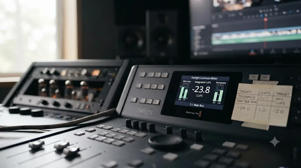 Illustration of a DaVinci Resolve Fairlight Loudness Meter reading a 5.1 surround mix against delivery targets