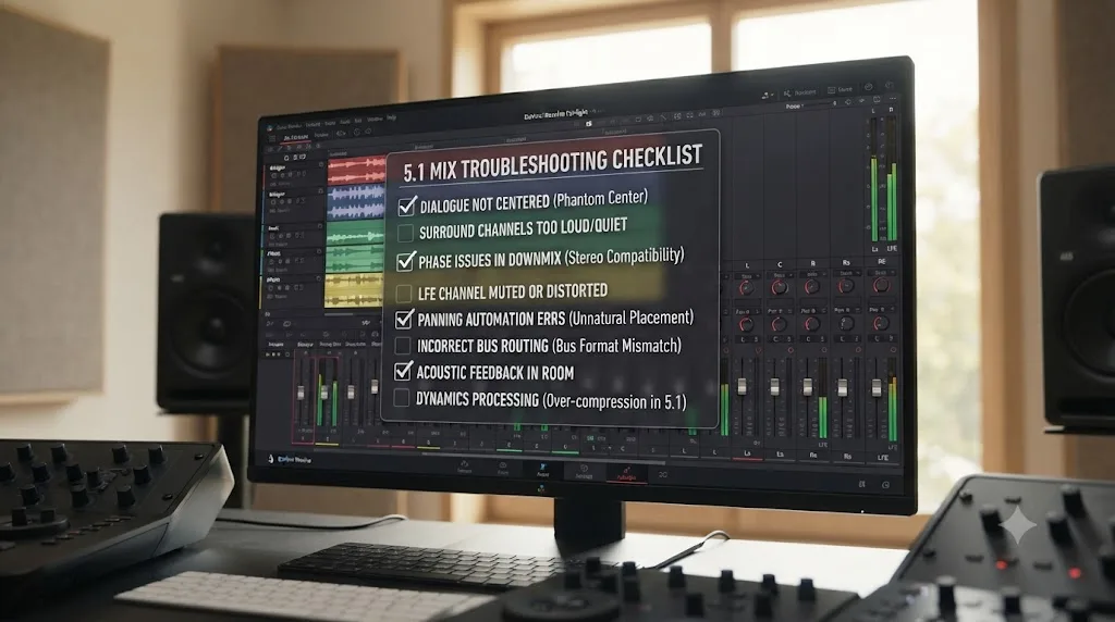 Illustration of a troubleshooting checklist over a DaVinci Resolve Fairlight 5.1 surround mixer highlighting common mistakes