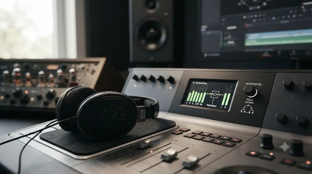 Illustration of a DaVinci Resolve Fairlight 5.1 surround bus folded down to a stereo monitoring path