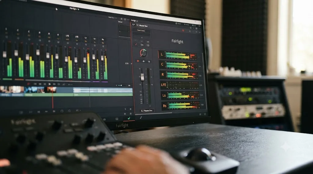 Illustration of a DaVinci Resolve Fairlight 5.1 bus channel strip with six labeled surround channel meters