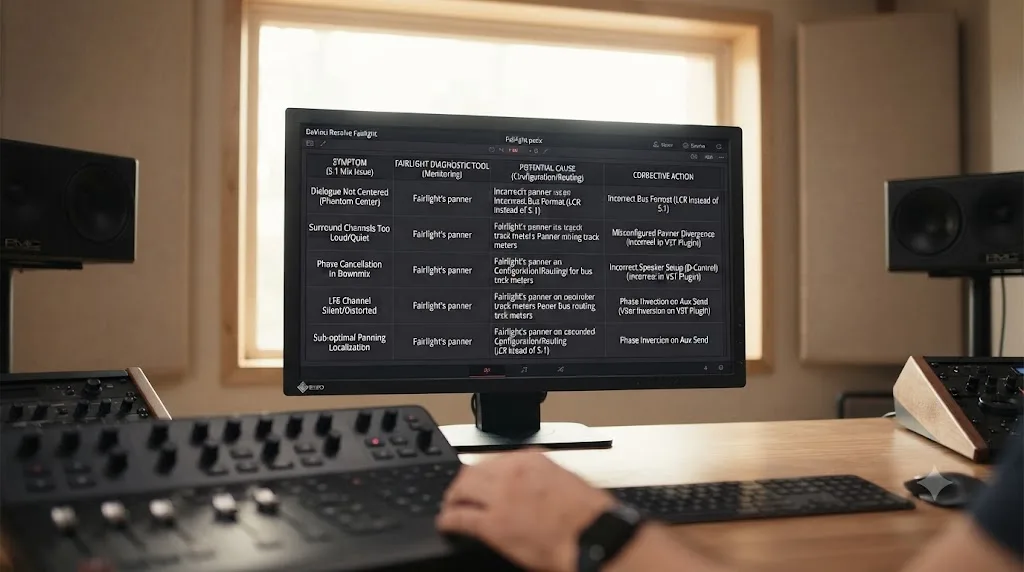 Illustration of a decision table mapping 5.1 surround mixing symptoms to their causes in DaVinci Resolve Fairlight