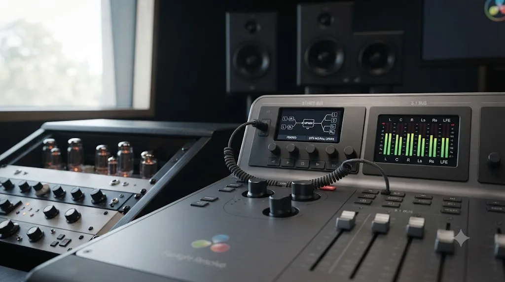 Illustration of a stereo mix being upmixed to 5.1 surround using a plugin on a DaVinci Resolve Fairlight bus