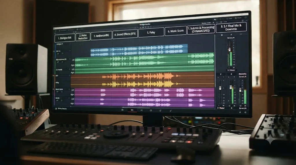Illustration of an eight step 5.1 surround mix workflow on a DaVinci Resolve Fairlight short film timeline