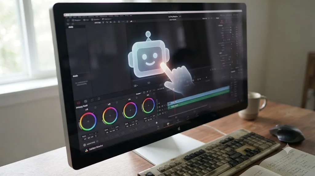 Illustration of an on-screen assistant pointing at a specific control inside the DaVinci Resolve Edit page