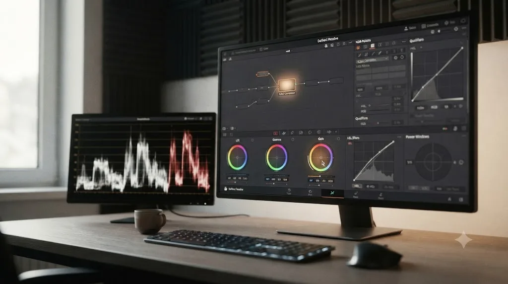 Illustration of a single-node color correction highlighted against DaVinci Resolve's deeper grading tools shown greyed out