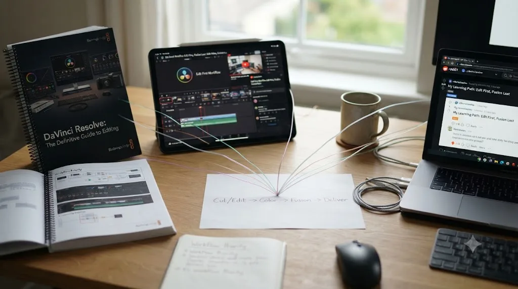 Illustration of Blackmagic's official training, a YouTube channel, and a Reddit community all agreeing on an editing-first learning sequence for DaVinci Resolve