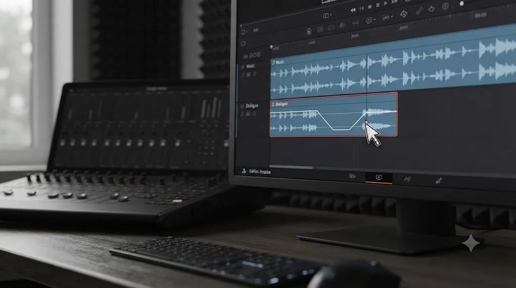 Illustration of adjusting a clip's volume line on the DaVinci Resolve Edit page while the full Fairlight mixer stays untouched