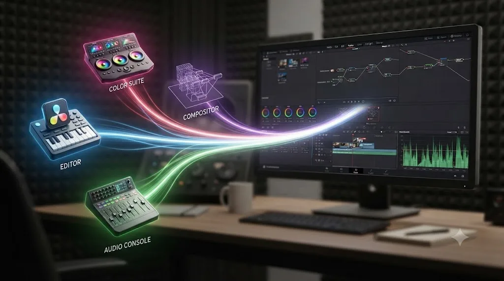 Illustration of four separate professional applications merging into DaVinci Resolve's single interface