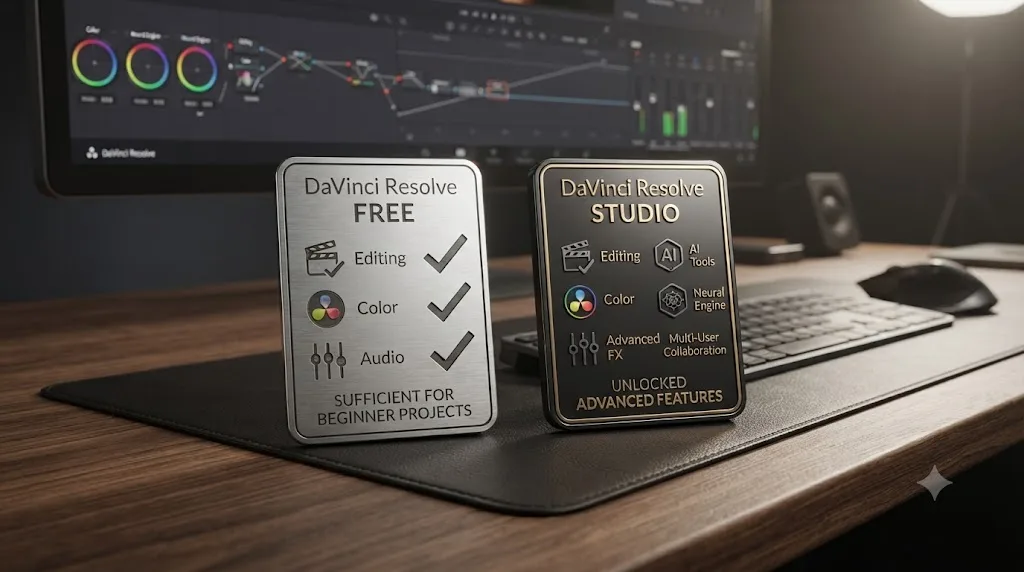 Illustration comparing DaVinci Resolve free and Studio versions with the free version marked sufficient for a beginner's first project