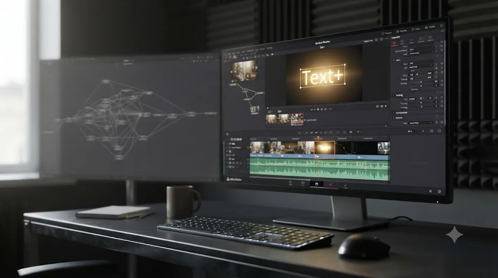 Illustration of DaVinci Resolve's Fusion page set aside while the simpler Text+ title tool stays active on the Edit page