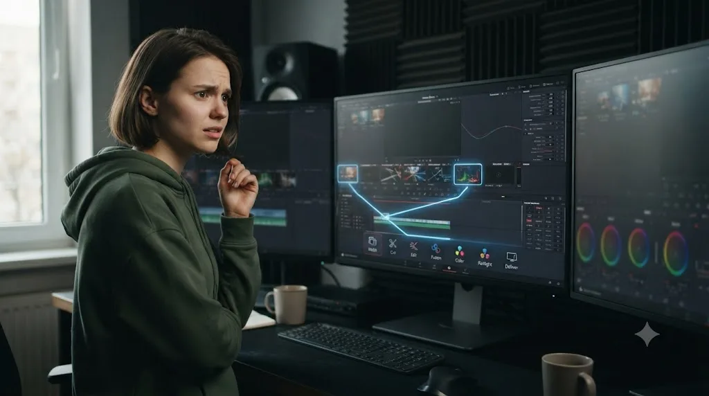 Illustration of a beginner facing DaVinci Resolve's seven-page interface with a simplified path highlighted