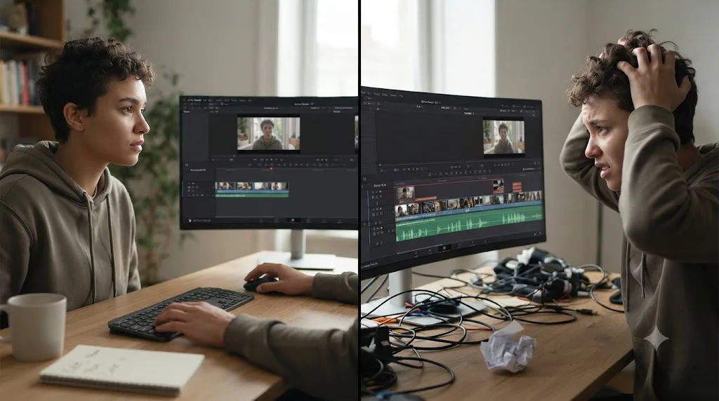 Illustration contrasting correctly postponing advanced DaVinci Resolve features with incorrectly skipping basic audio and setup steps