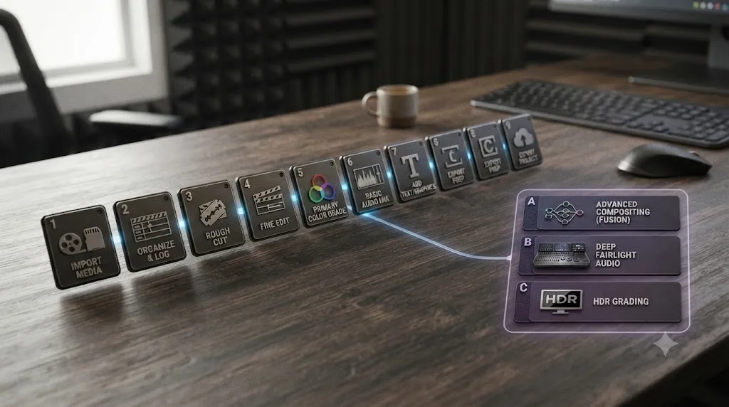 Illustration of the nine-step minimum pipeline to finish a DaVinci Resolve project, with advanced features shown as an optional side branch