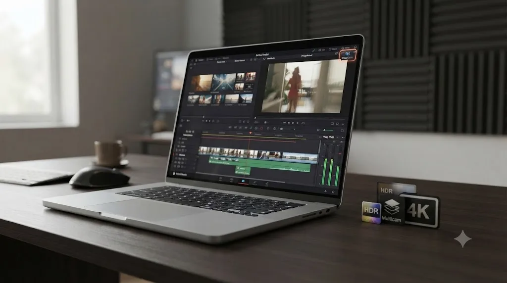 Illustration of a laptop running DaVinci Resolve smoothly in Proxy Mode while demanding features stay set aside