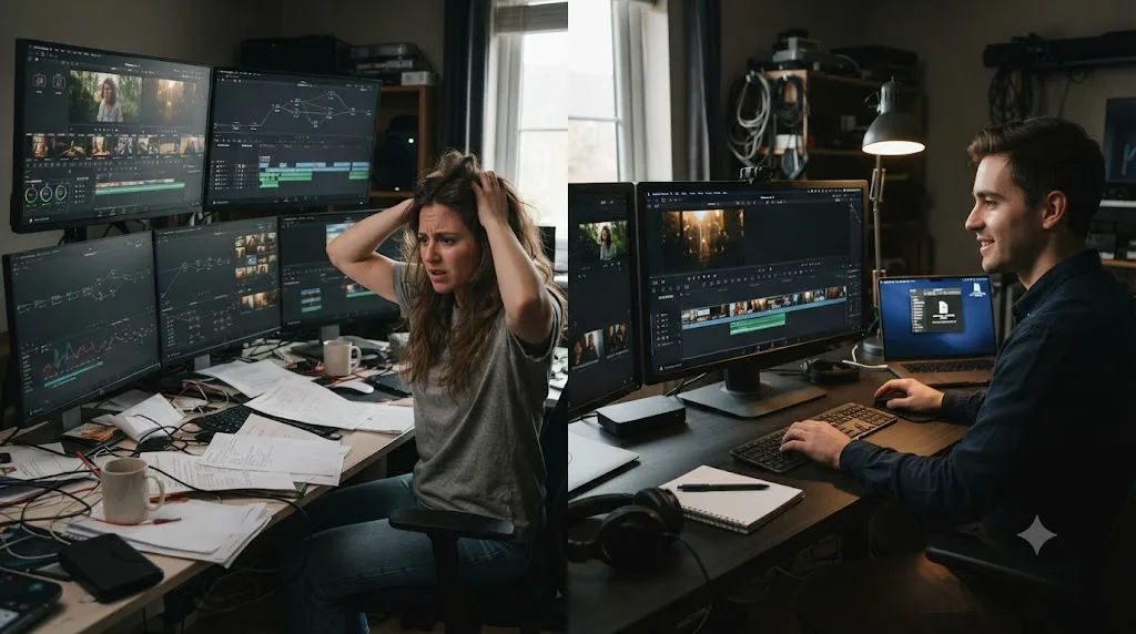 Illustration comparing a scattered beginner exploring every DaVinci Resolve page with a focused beginner finishing one exported project
