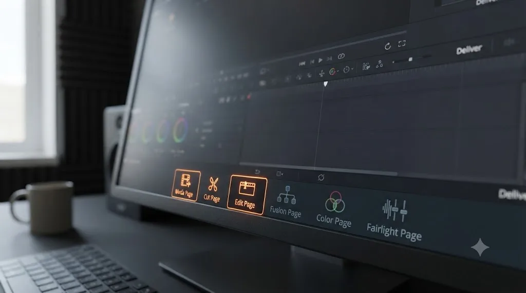 Illustration of DaVinci Resolve's page toolbar with only Media, Cut, and Deliver highlighted for a beginner's first project