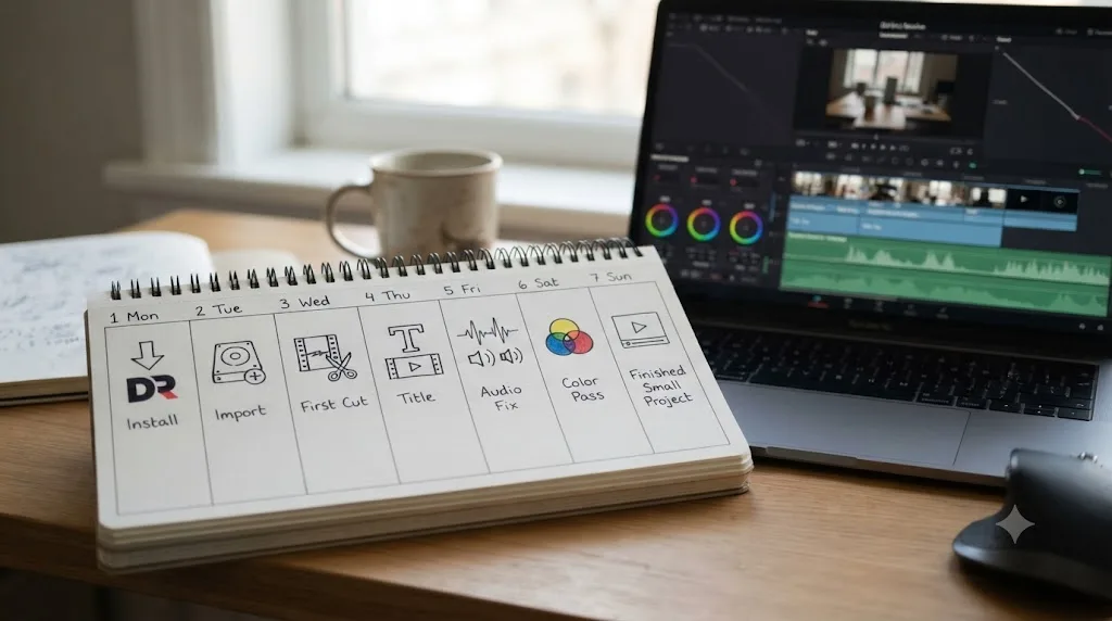 Illustration of a seven-day beginner plan for DaVinci Resolve ending in one finished small project