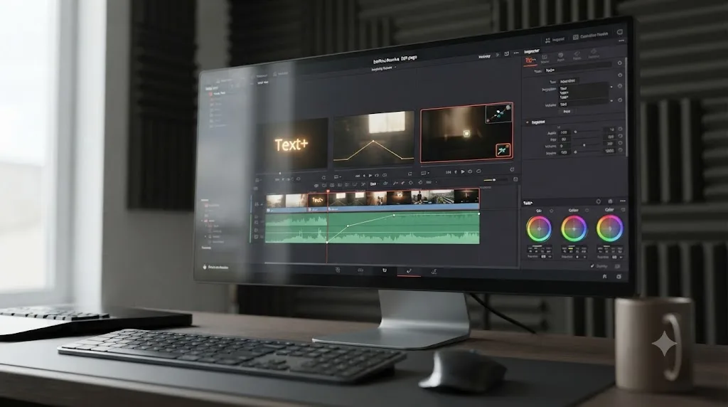 Illustration of a three-clip timeline on DaVinci Resolve's Edit page showing a title, a volume adjustment, and a single color correction node