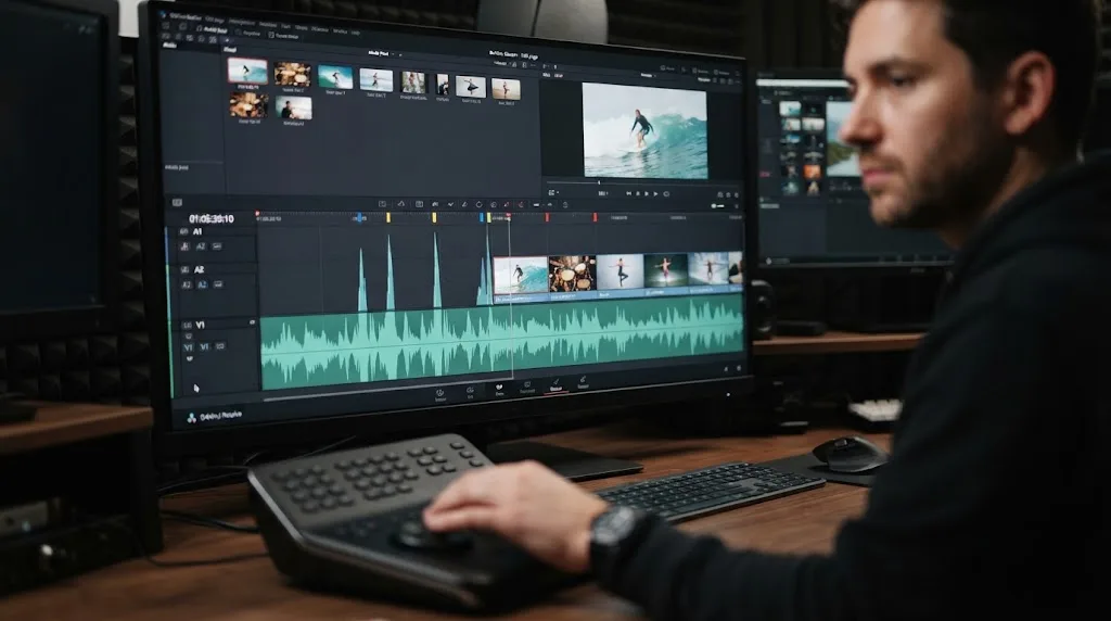 Illustration of beat markers guiding video cuts in DaVinci Resolve
