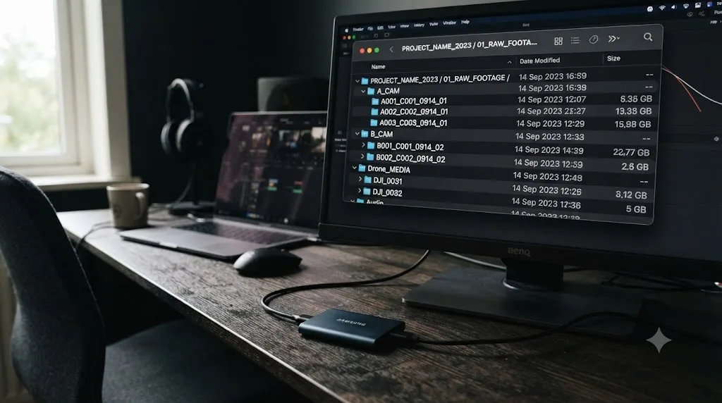 Illustration of a DaVinci Resolve footage folder organized by camera and card subfolders