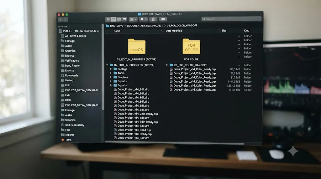Illustration of a DaVinci Resolve project folder clearly labeled for color handoff, kept separate from the active edit