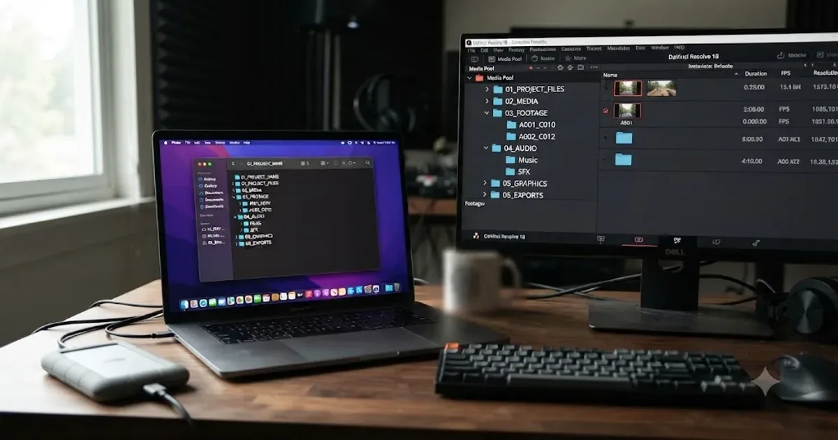 Illustration of a DaVinci Resolve Media Pool with organized bins mirroring a labeled folder tree on a hard drive