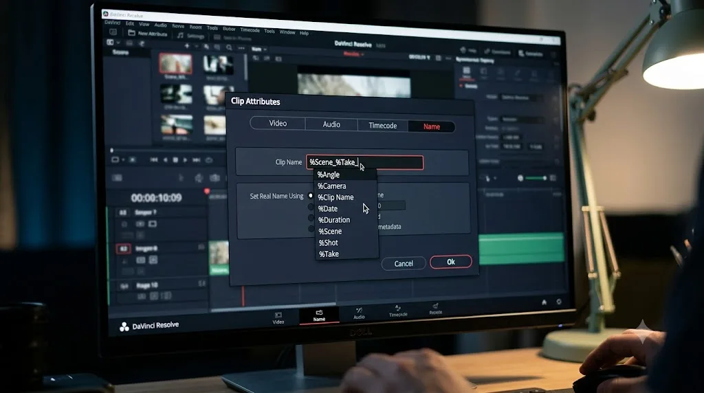 Illustration of DaVinci Resolve's Clip Attributes panel building a clip name from metadata variables