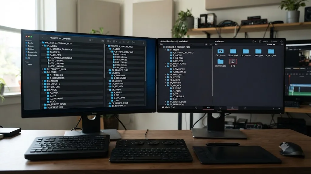Illustration of a DaVinci Resolve bin structure mirroring a matching file system folder structure