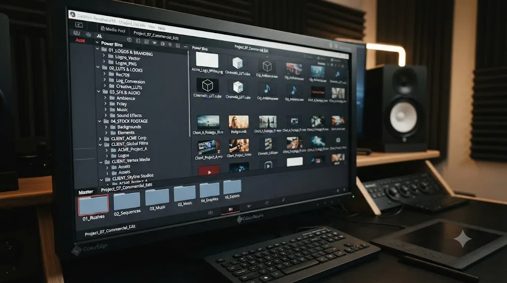 Illustration of DaVinci Resolve Power Bins organized by asset type and client, shared across projects
