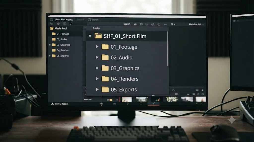 Illustration of a numbered DaVinci Resolve project folder tree sorted from footage to exports