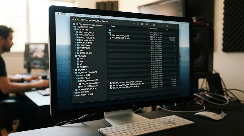 Illustration of a complete worked example DaVinci Resolve folder and bin naming structure from footage to final export