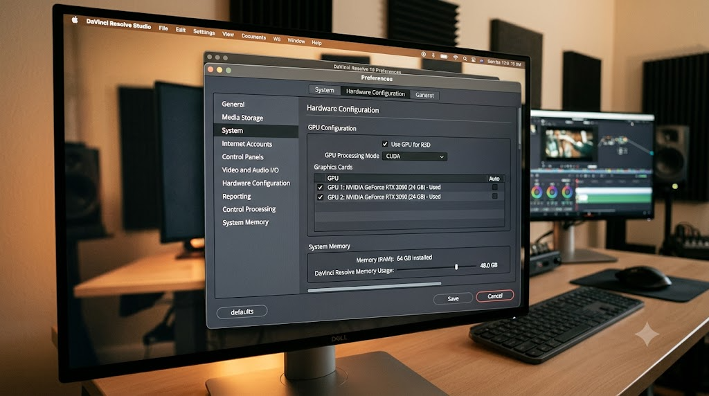 Illustration of GPU and memory settings in DaVinci Resolve preferences