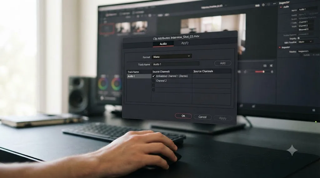 Illustration of fixing one-sided audio using Clip Attributes in DaVinci Resolve