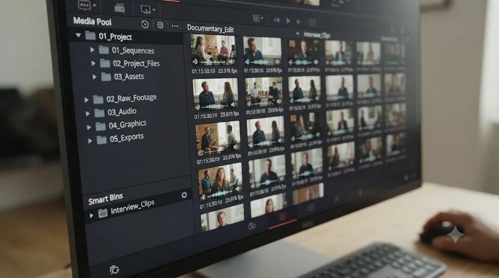 Illustration of organizing footage into bins and smart bins in the DaVinci Resolve Media Pool
