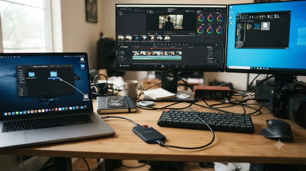 Illustration of moving a DaVinci Resolve project between computers with a project archive