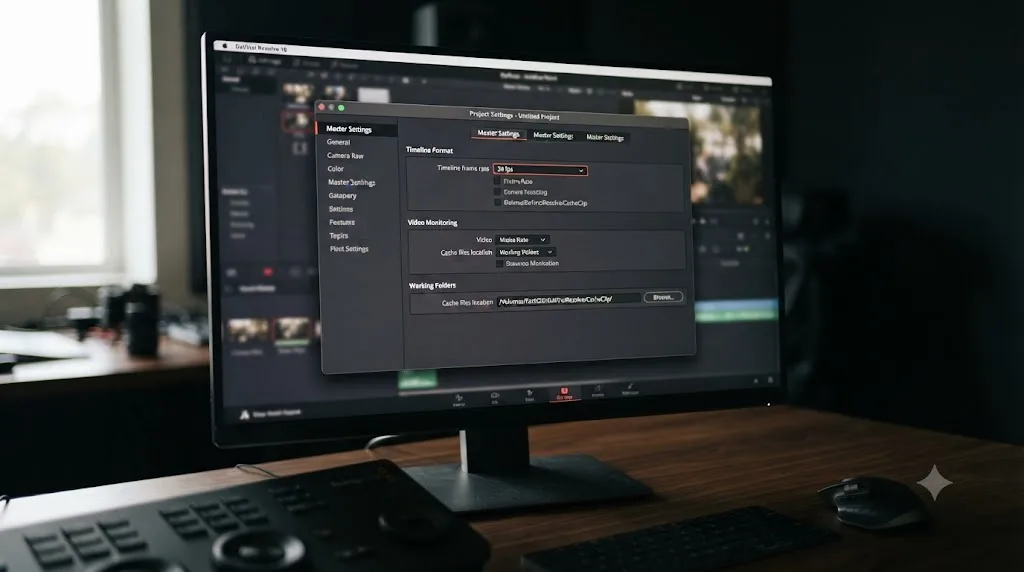 Illustration of first-launch setup in DaVinci Resolve covering frame rate, Live Save, backups, and cache location