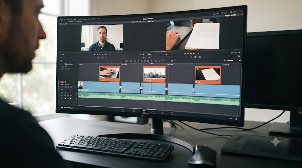 Illustration of a talking-head edit with B-roll covering jump cuts in DaVinci Resolve