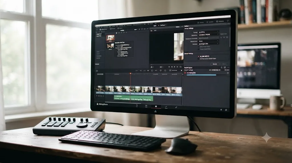 Illustration of 8K raw footage being edited on a DaVinci Resolve timeline and exported as a 4K UHD master