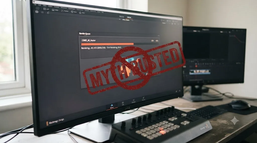 Illustration of a 4K UHD export window in DaVinci Resolve with a myth-busting stamp over it