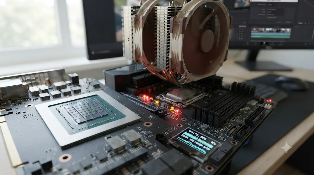 Illustration of an idle GPU video encoder next to an overworked CPU during a DaVinci Resolve 4K export