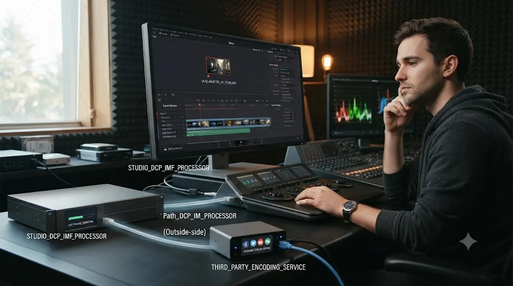 Illustration of a DaVinci Resolve UHD master file being delivered through either a Studio DCP/IMF preset or a third-party encoding service