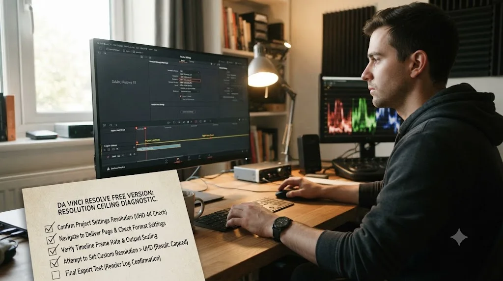 Illustration of a diagnostic checklist for confirming a genuine DaVinci Resolve free-version export resolution limit