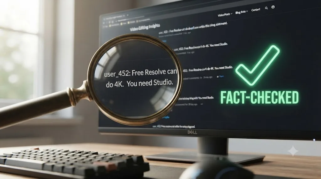 Illustration of fact-checking a claim that the DaVinci Resolve free version cannot export 4K video