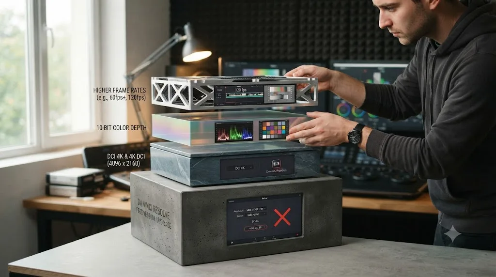 Illustration of a layered diagram showing DCI 4K, 10-bit color, and higher frame rates stacked above the DaVinci Resolve free version's UHD ceiling