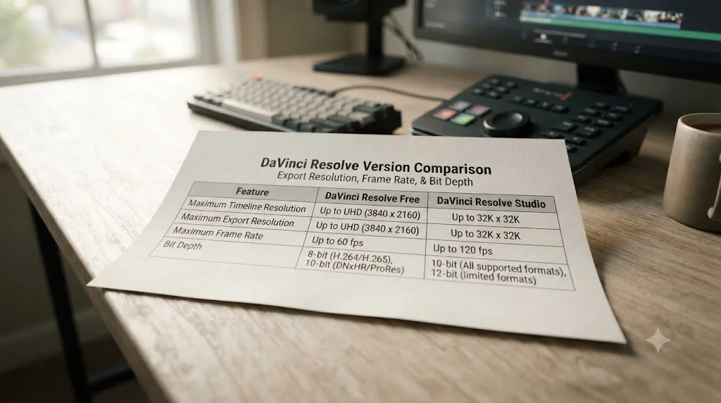 Illustration of a specification table comparing DaVinci Resolve free and Studio resolution and frame rate limits