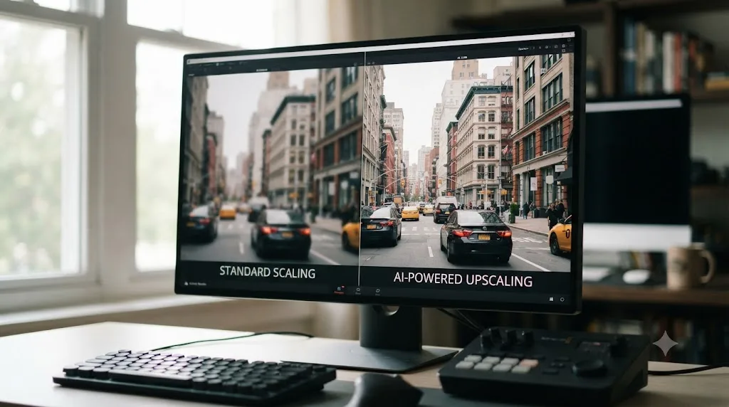 Illustration comparing standard video scaling with AI-powered upscaling of lower-resolution footage to a 4K timeline